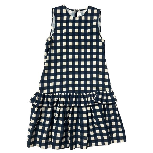 Victoria Beckham Gingham Drop Waist Ruffle Crepe Dress Blue White‎ Sz 4 Coquette - Picture 1 of 7